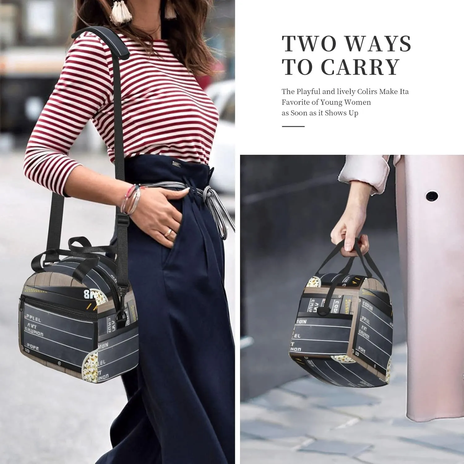 Cinema Movie Clapboard And Popcorn Insulated Lunch Bag For Women/Men Adjustable Shoulder Strap,Leakproof,Tote Bag For Office Work