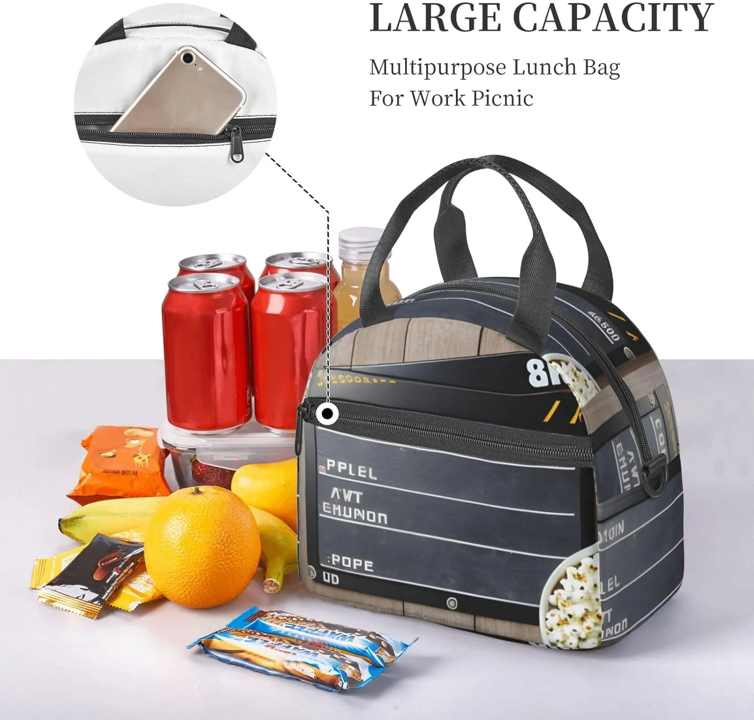 Cinema Movie Clapboard And Popcorn Insulated Lunch Bag For Women/Men Adjustable Shoulder Strap,Leakproof,Tote Bag For Office Work