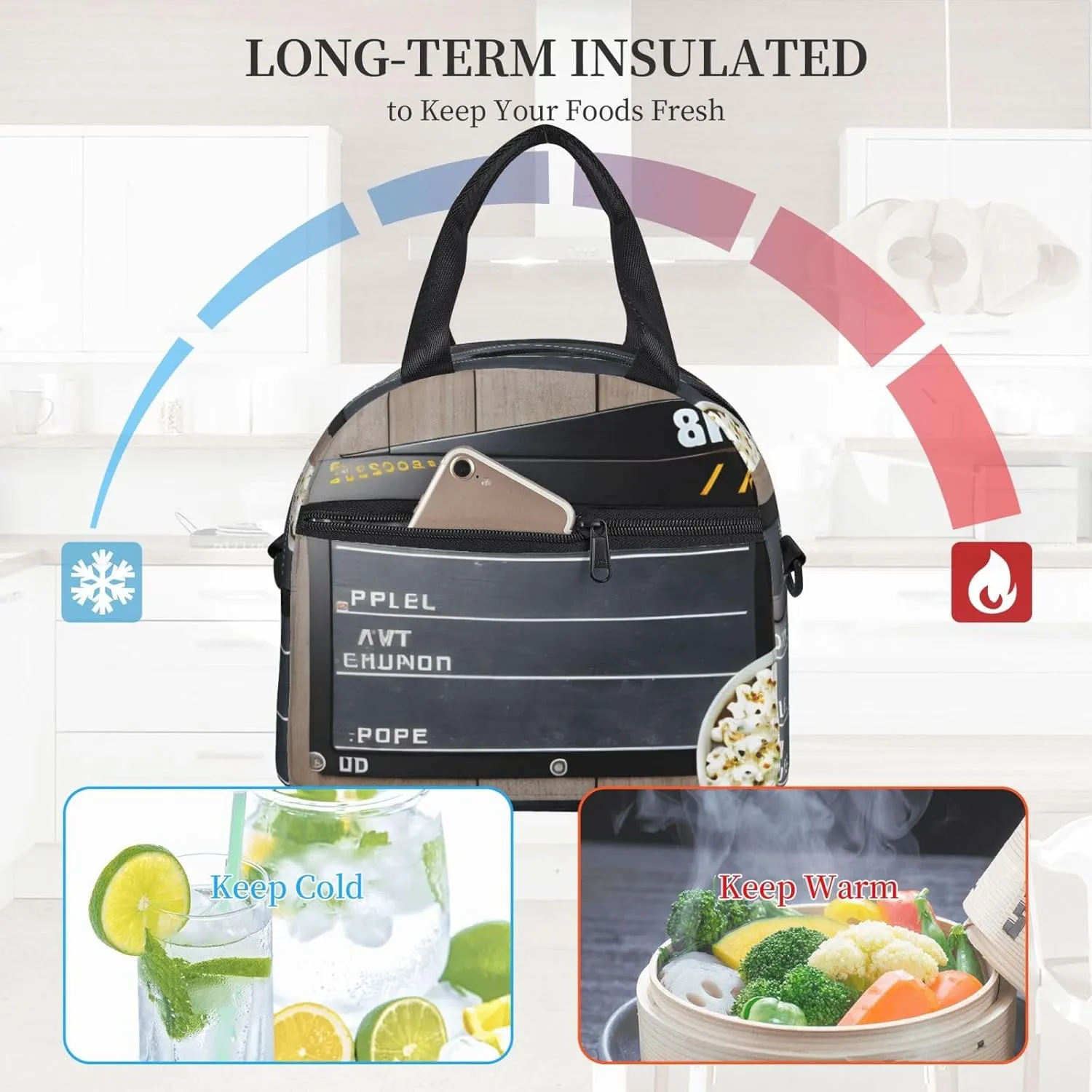 Cinema Movie Clapboard And Popcorn Insulated Lunch Bag For Women/Men Adjustable Shoulder Strap,Leakproof,Tote Bag For Office Work