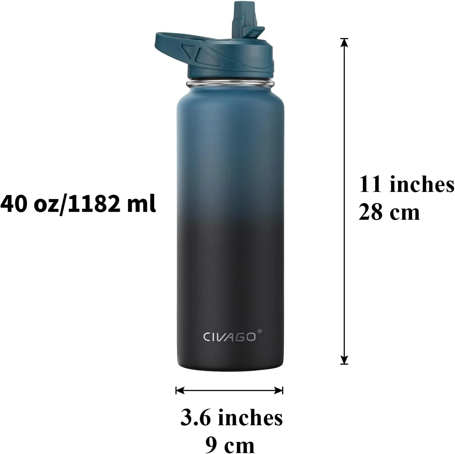 CIVAGO 40 oz Insulated Water Bottle With Straw, Stainless Steel Sports Water Cup Flask with 3 Lids (Straw, Spout and Handle Lid), Double Walled Travel Thermal Canteen Mug, Navy Blue