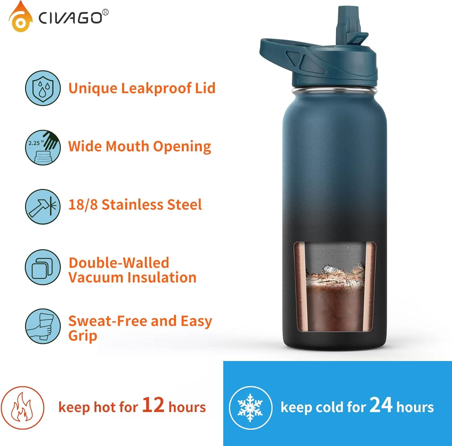 CIVAGO 40 oz Insulated Water Bottle With Straw, Stainless Steel Sports Water Cup Flask with 3 Lids (Straw, Spout and Handle Lid), Double Walled Travel Thermal Canteen Mug, Navy Blue