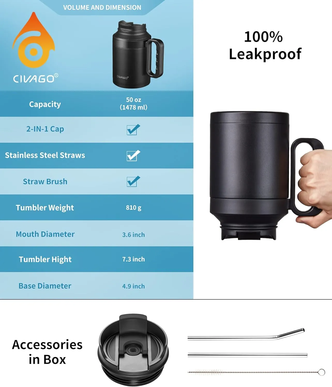 CIVAGO 50 oz Insulated Water Bottle Jug with Handle and Straw, Large Metal Sport Water Flask Canteen, Stainless Steel Tumbler Mug with Lid, Indigo Black, 1 Count (Pack of 1)