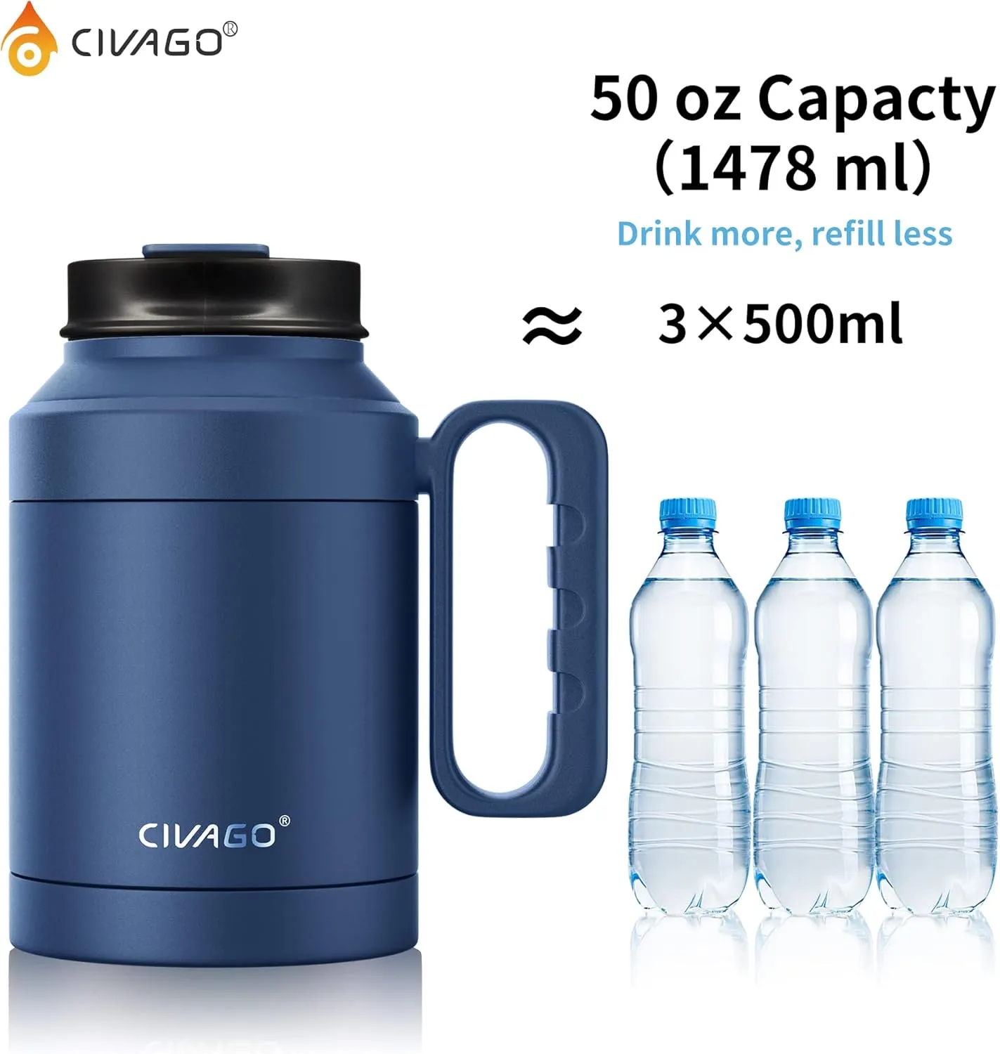 CIVAGO 50 oz Insulated Water Bottle Jug with Handle and Straw, Large Metal Sport Water Flask Canteen, Stainless Steel Tumbler Mug with Lid, Indigo Black, 1 Count (Pack of 1)