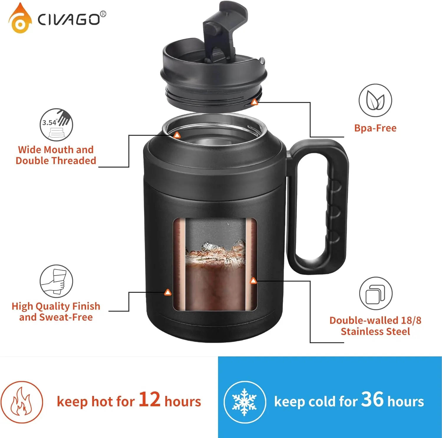 CIVAGO 50 oz Insulated Water Bottle Jug with Handle and Straw, Large Metal Sport Water Flask Canteen, Stainless Steel Tumbler Mug with Lid, Indigo Black, 1 Count (Pack of 1)