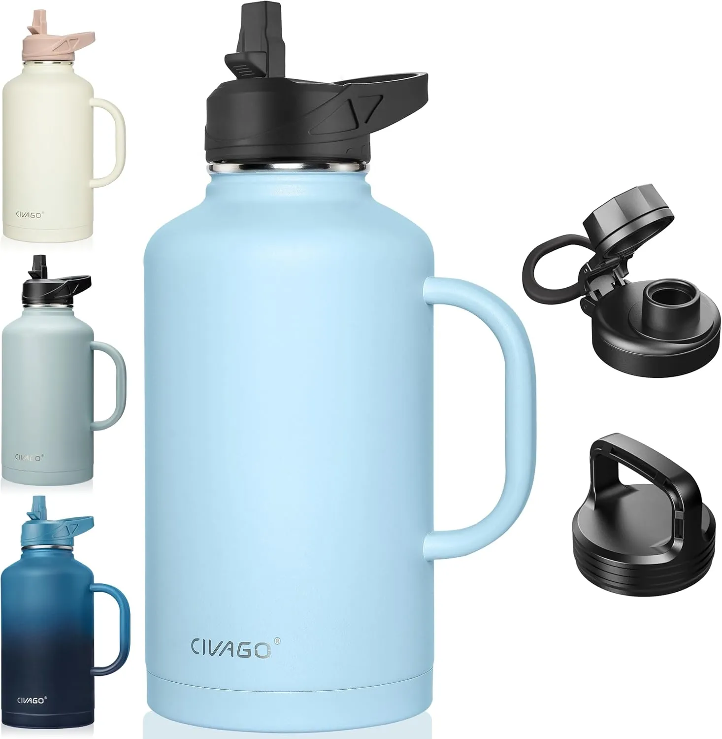 CIVAGO 64 oz Insulated Water Bottle Jug with Straw and Handle, Half Gallon Stainless Steel Water Flask, Large Sports Metal Water Bottle with Straw Lid (3 Lids), Big Thermal Mug Cup, Blue