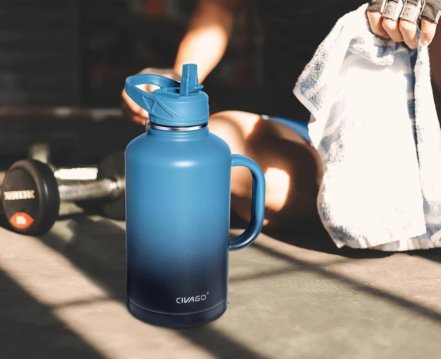 CIVAGO 64 oz Insulated Water Bottle Jug with Straw and Handle, Half Gallon Stainless Steel Water Flask, Large Sports Metal Water Bottle with Straw Lid (3 Lids), Big Thermal Mug Cup, Blue