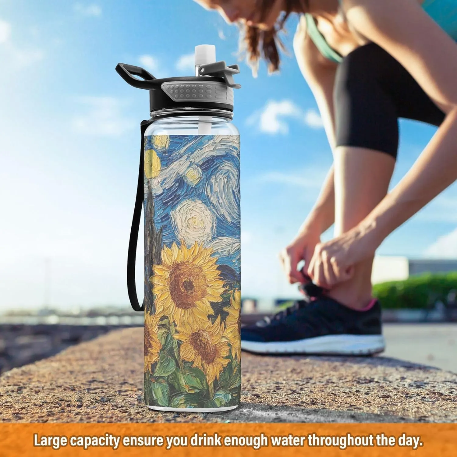 Clear Tritan Sports Water Bottle with Straw for Adults Kids Leakproof 32oz Bpa Free Plastic Water Bottle for Bike Gym School Travel Blue Sunflowers