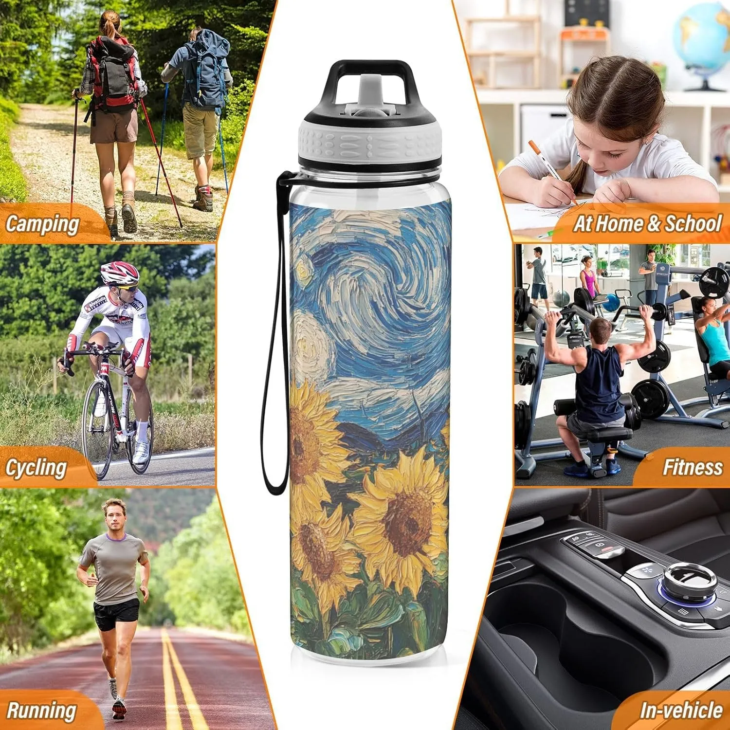 Clear Tritan Sports Water Bottle with Straw for Adults Kids Leakproof 32oz Bpa Free Plastic Water Bottle for Bike Gym School Travel Blue Sunflowers