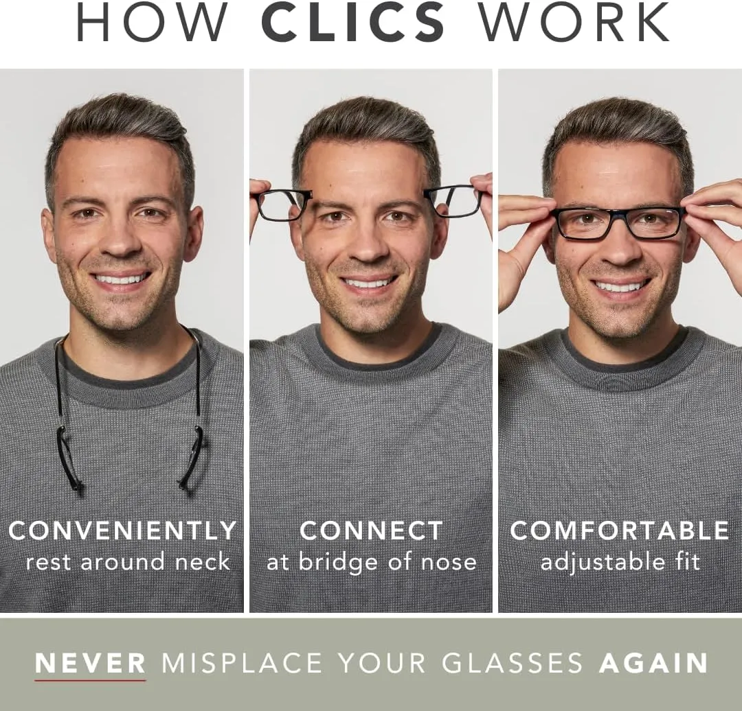Clic Magnetic Reading Glasses for Men or Women, Soft Foldable Band, Computer Readers, Barat (S-XL)