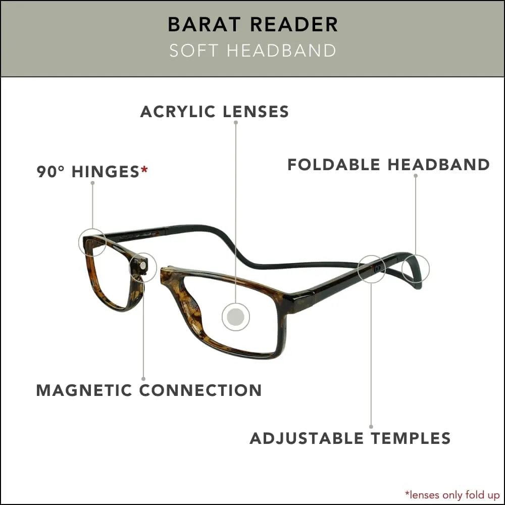 Clic Magnetic Reading Glasses for Men or Women, Soft Foldable Band, Computer Readers, Barat (S-XL)