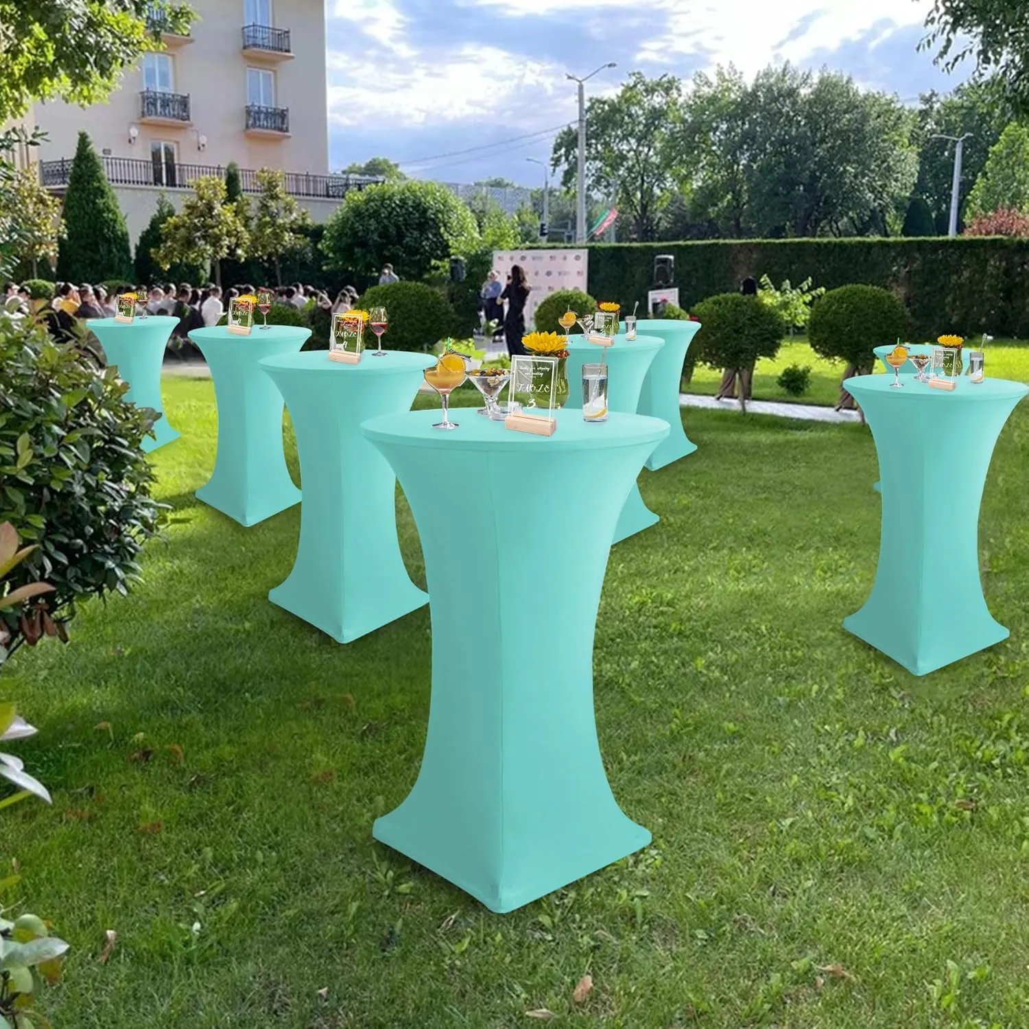 Cocktail Table Covers-Spandex Round High Top Table Cloths 6 Pack 32x43 Inch-Aqua Blue Stretch Fitted Bar Tall Tablecloth for Pub Bistro Highboy Party Banquet Height Folding Satnding Tables