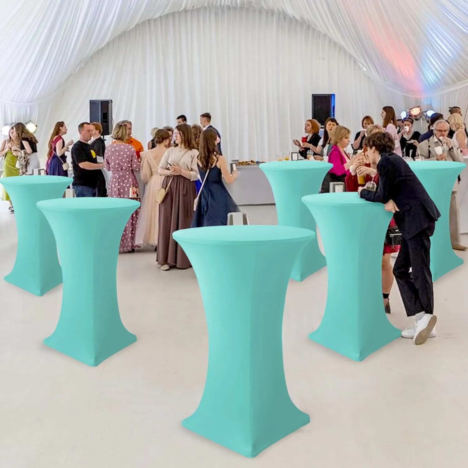 Cocktail Table Covers-Spandex Round High Top Table Cloths 6 Pack 32x43 Inch-Aqua Blue Stretch Fitted Bar Tall Tablecloth for Pub Bistro Highboy Party Banquet Height Folding Satnding Tables
