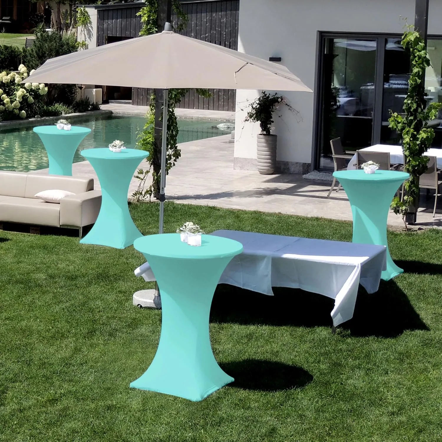 Cocktail Table Covers-Spandex Round High Top Table Cloths 6 Pack 32x43 Inch-Aqua Blue Stretch Fitted Bar Tall Tablecloth for Pub Bistro Highboy Party Banquet Height Folding Satnding Tables