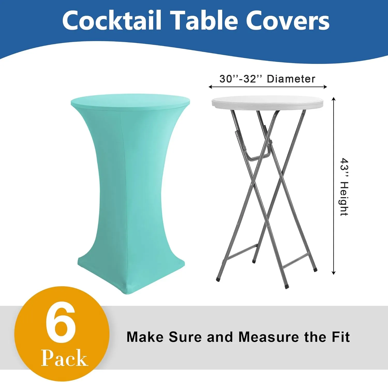 Cocktail Table Covers-Spandex Round High Top Table Cloths 6 Pack 32x43 Inch-Aqua Blue Stretch Fitted Bar Tall Tablecloth for Pub Bistro Highboy Party Banquet Height Folding Satnding Tables