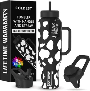 Coldest 40 oz Tumbler with Handle and Straw - 100% Leak Proof Insulated Tumbler with Lid and Straw (3 Lids) - Stainless Steel Tumblers for Women & Men - Cup Holder Friendly Base, 46 oz (Baby Cow)
