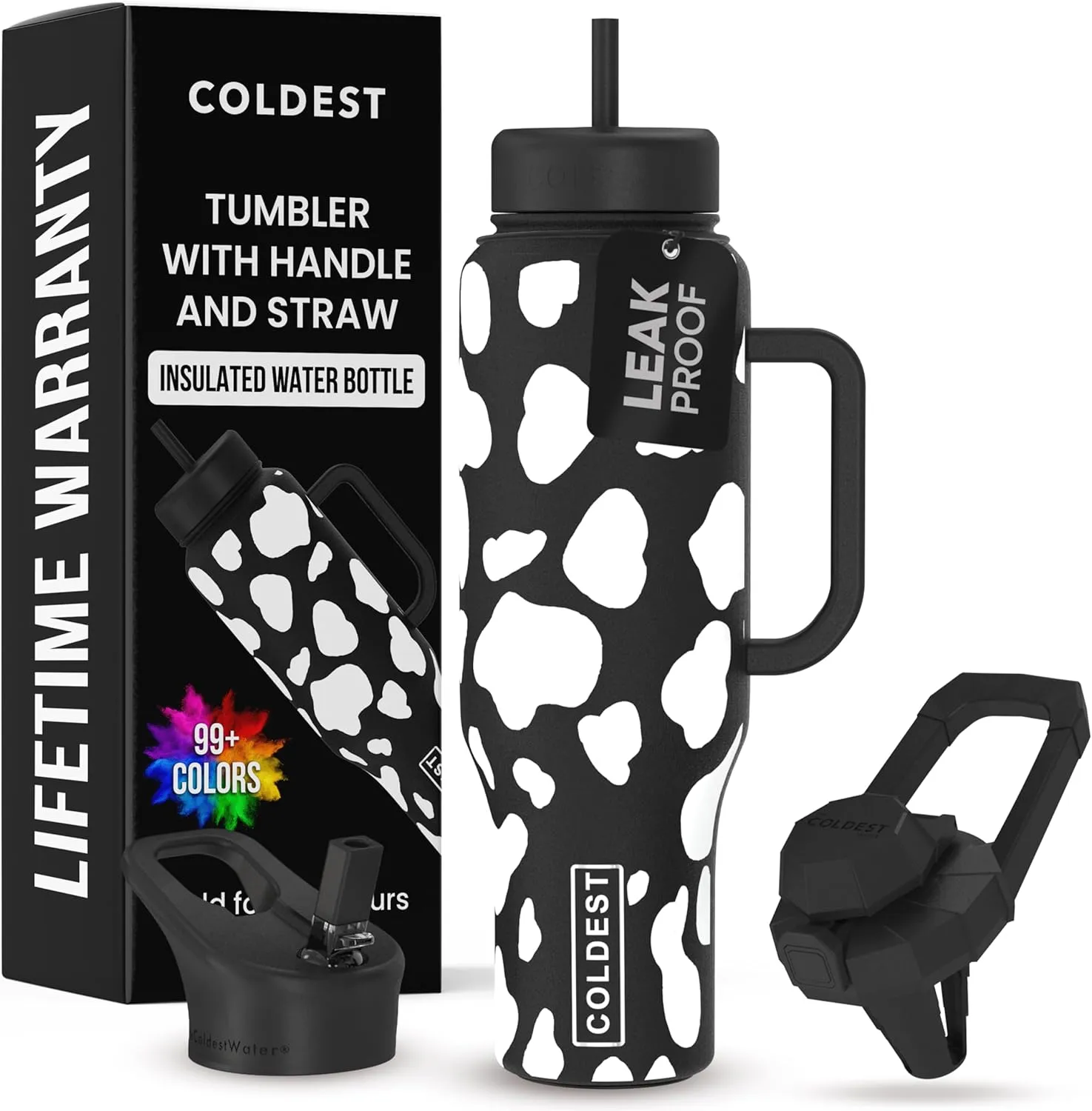 Coldest 40 oz Tumbler with Handle and Straw - 100% Leak Proof Insulated Tumbler with Lid and Straw (3 Lids) - Stainless Steel Tumblers for Women & Men - Cup Holder Friendly Base, 46 oz (Baby Cow)