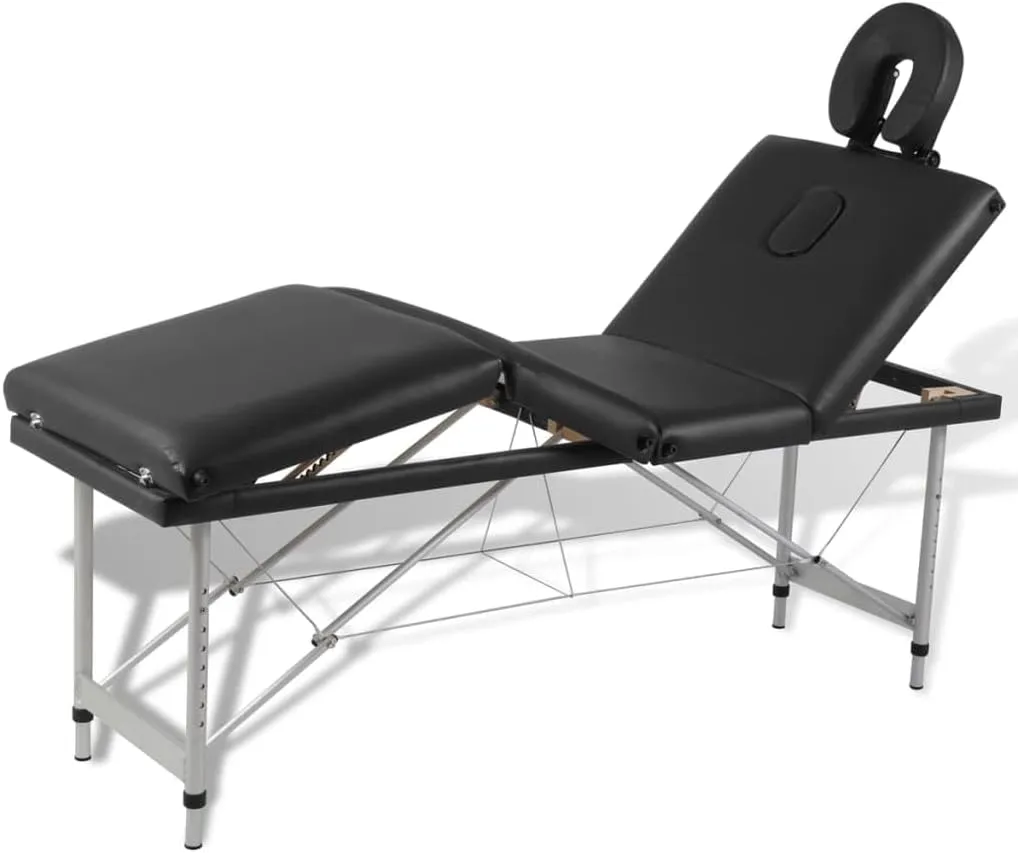 Comfortable and Adjustable Black Foldable Massage Table with 4 Zones, Durable Aluminum Frame, and High-Density Foam Padding