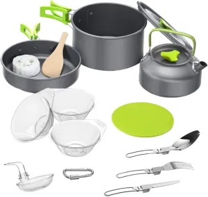Complete Camping Cooking Set 12pcs Portable Cookware Pot Pan Bowl Spoon Fork Cutlery Non-Stick Versatile for Hiking Picnic Outdoor