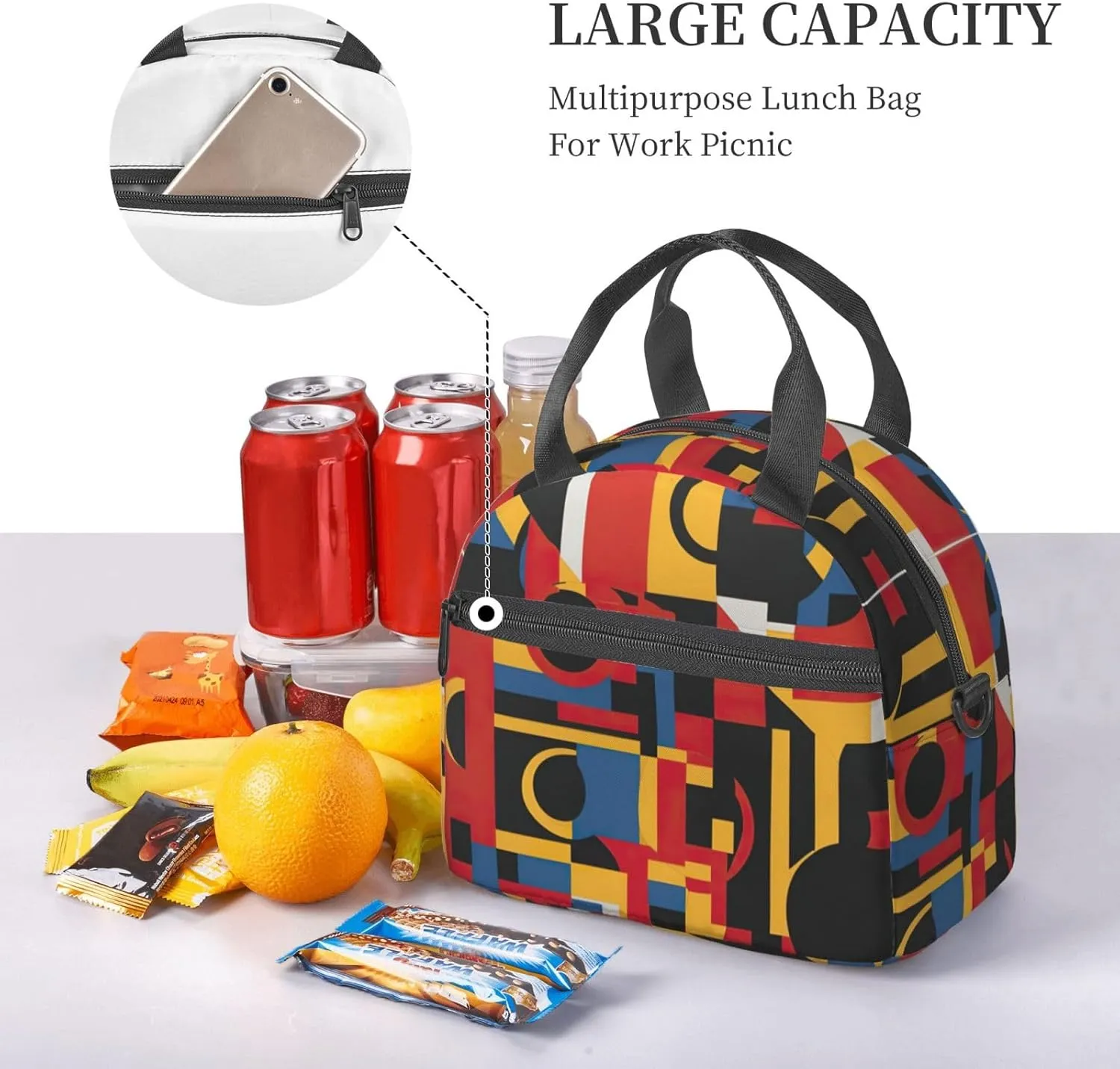 Composition In Red Yellow Blue And Black Print Lunch Bag With Adjustable Shoulder Strap,Leakproof,Tote Bag For Office Work,Picnic And Outdoor