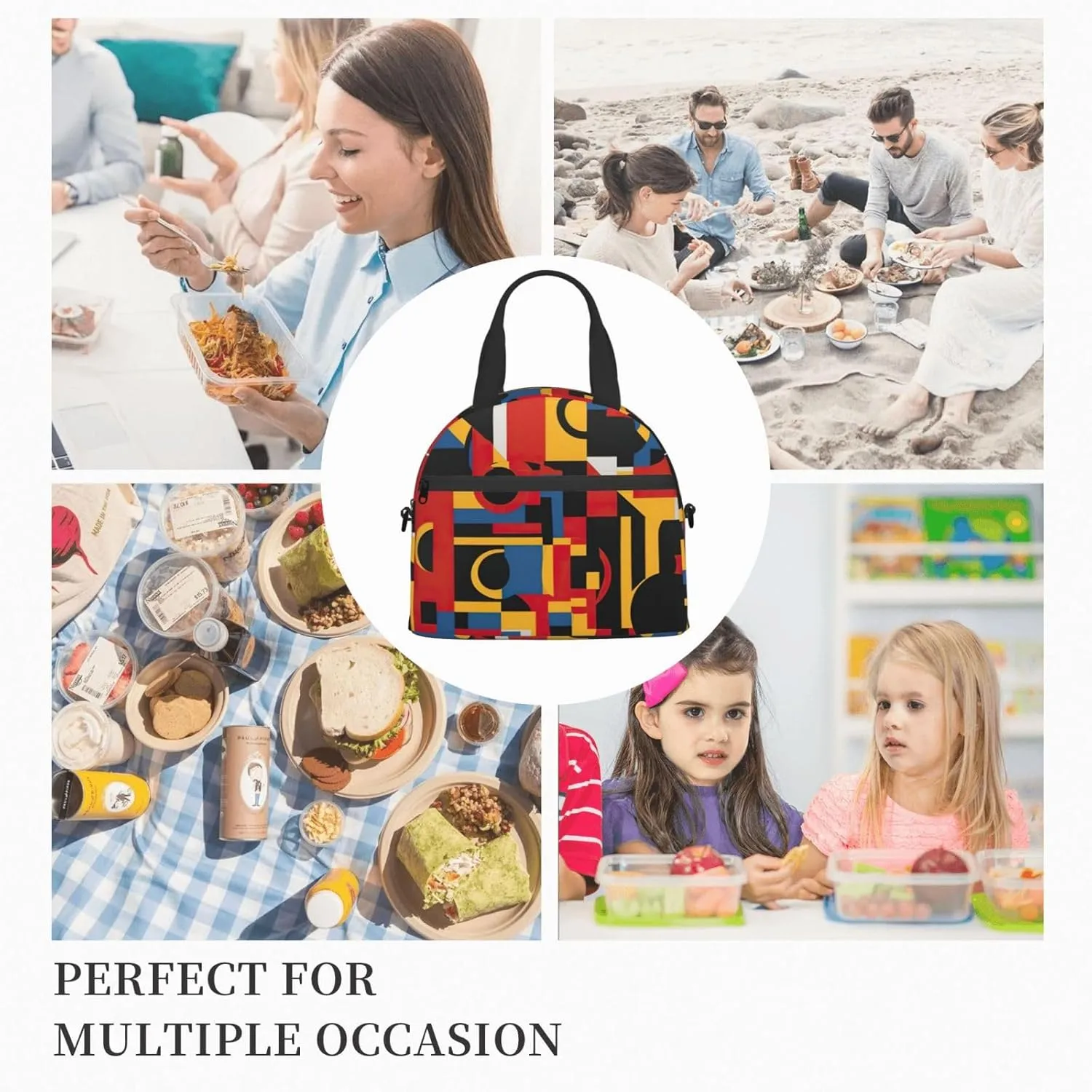 Composition In Red Yellow Blue And Black Print Lunch Bag With Adjustable Shoulder Strap,Leakproof,Tote Bag For Office Work,Picnic And Outdoor