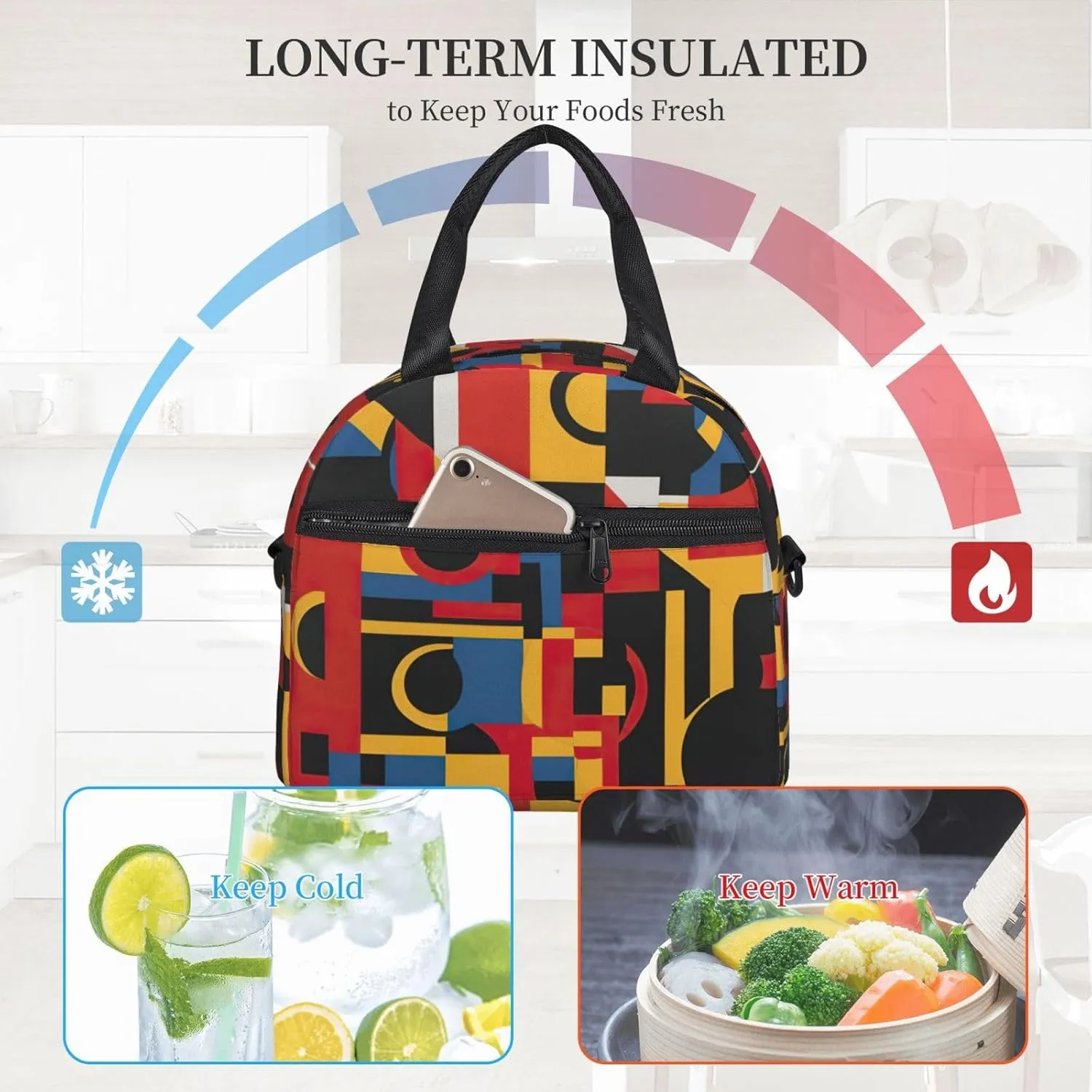 Composition In Red Yellow Blue And Black Print Lunch Bag With Adjustable Shoulder Strap,Leakproof,Tote Bag For Office Work,Picnic And Outdoor