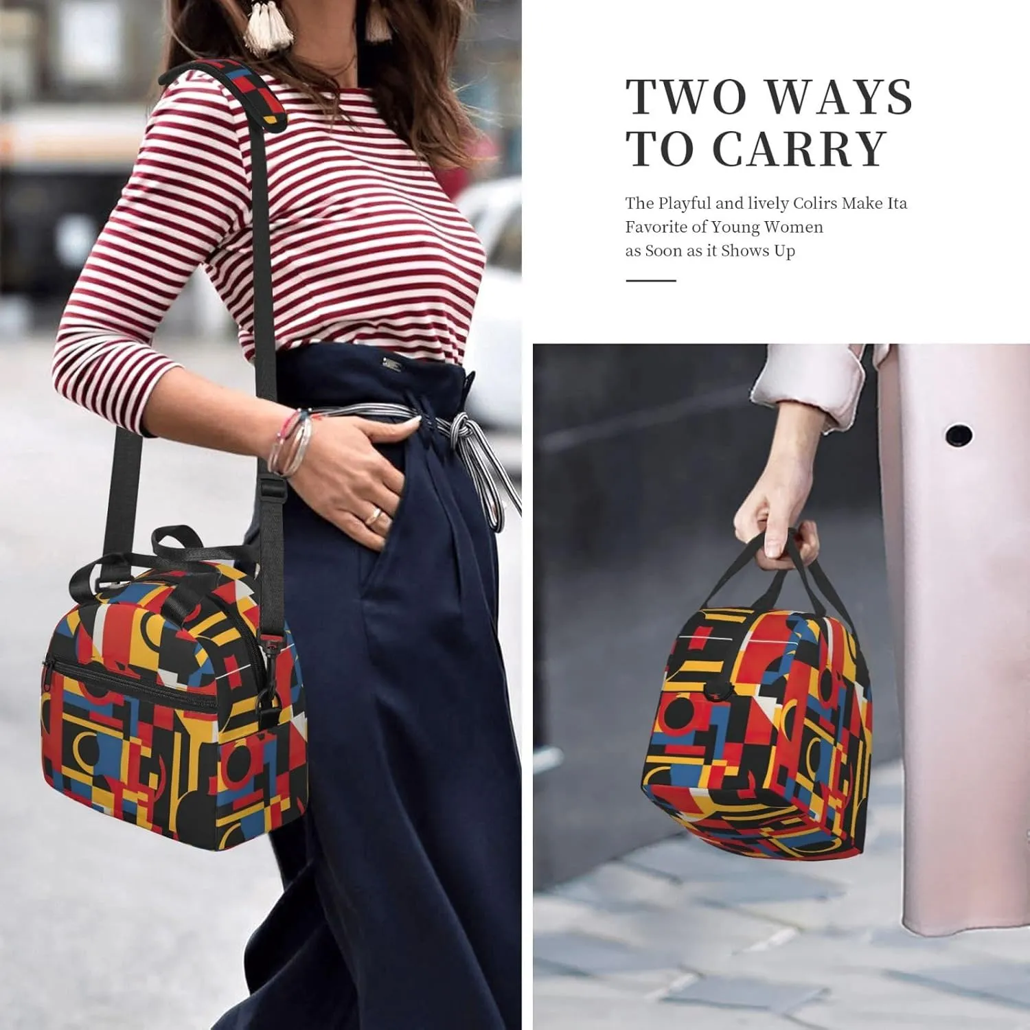 Composition In Red Yellow Blue And Black Print Lunch Bag With Adjustable Shoulder Strap,Leakproof,Tote Bag For Office Work,Picnic And Outdoor