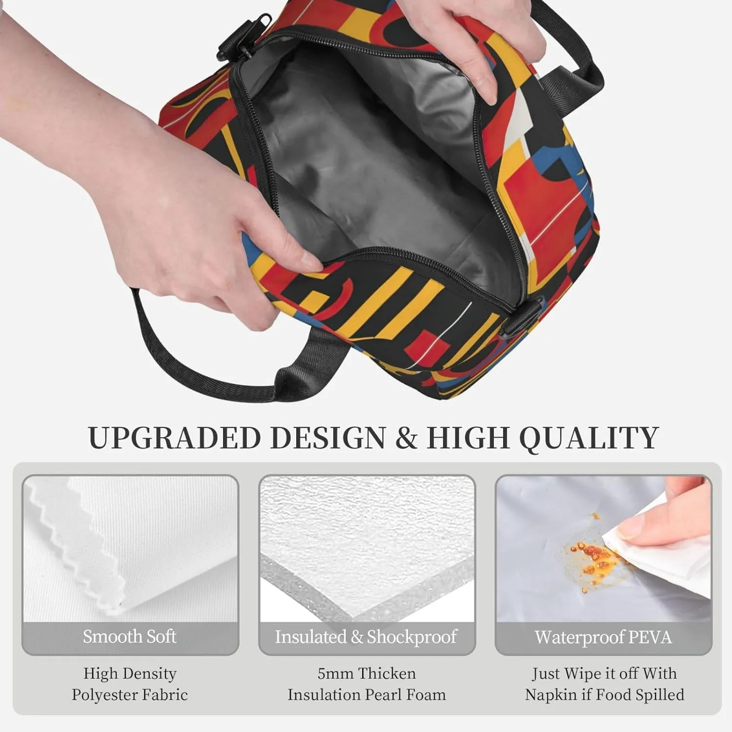 Composition In Red Yellow Blue And Black Print Lunch Bag With Adjustable Shoulder Strap,Leakproof,Tote Bag For Office Work,Picnic And Outdoor