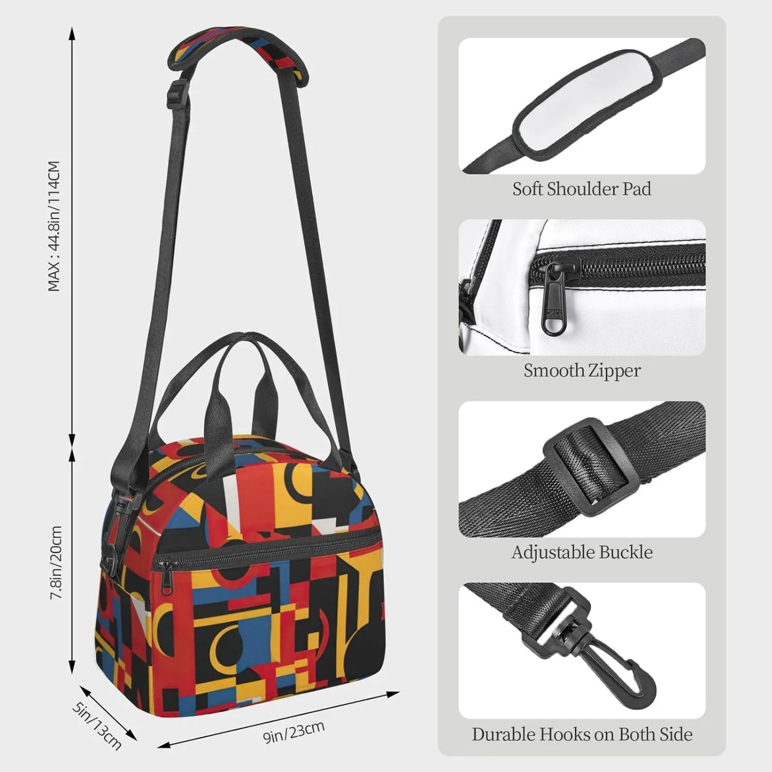 Composition In Red Yellow Blue And Black Print Lunch Bag With Adjustable Shoulder Strap,Leakproof,Tote Bag For Office Work,Picnic And Outdoor