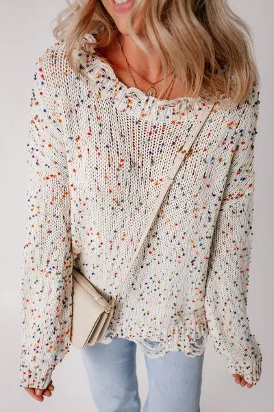 Confetti Distressed Hem Long Sleeve Sweater