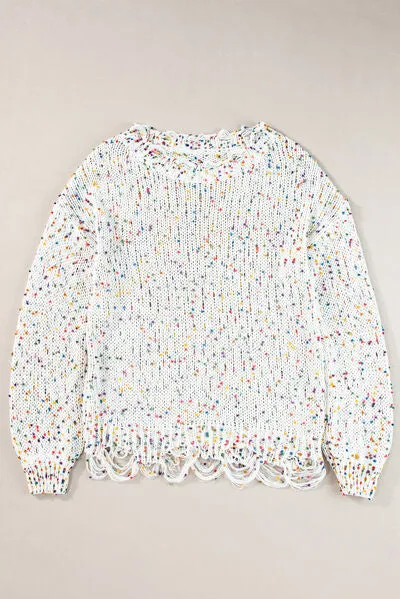 Confetti Distressed Hem Long Sleeve Sweater