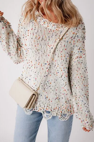 Confetti Distressed Hem Long Sleeve Sweater