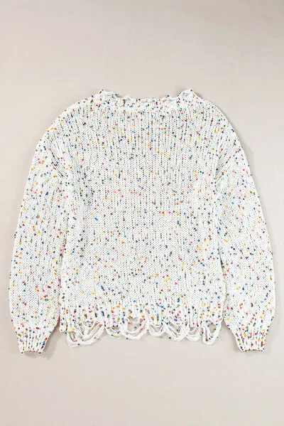 Confetti Distressed Hem Long Sleeve Sweater