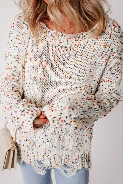 Confetti Distressed Hem Long Sleeve Sweater