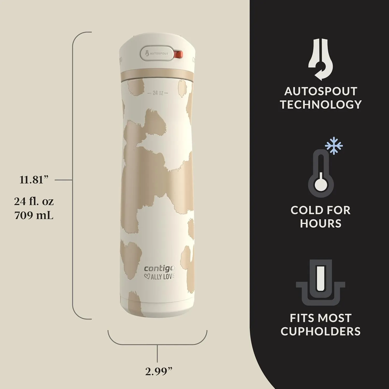 Contigo x Ally Love Stainless Steel Vacuum-Insulated Water Bottle with AUTOSPOUT Easy-Clean Lid Leak-proof Drinking Keeps drinks cold for 24 hours BPA-Free 24oz. Ashland Chill 2.0 Oatmilk