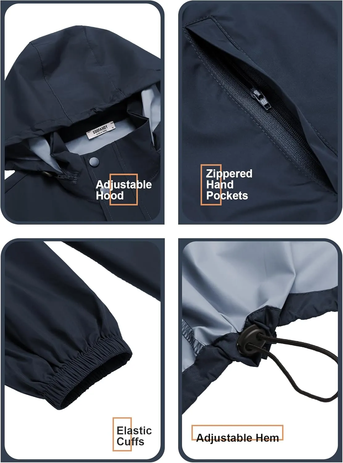 COOFANDY Men's Rain Jacket Waterproof Packable Raincoat Lightweight Windbreaker with Hood for Hiking Cycling