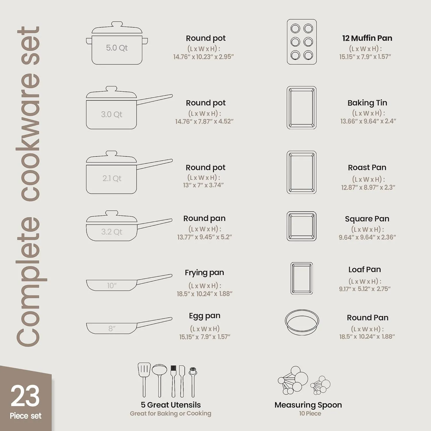 Cookware Set – 23 Piece –Black Multi-Sized Cooking Pots with Lids, Skillet Fry Pans and Bakeware – Reinforced Pressed Aluminum Metal - for Gas, Electric, Ceramic and Induction by BAKKEN Swiss