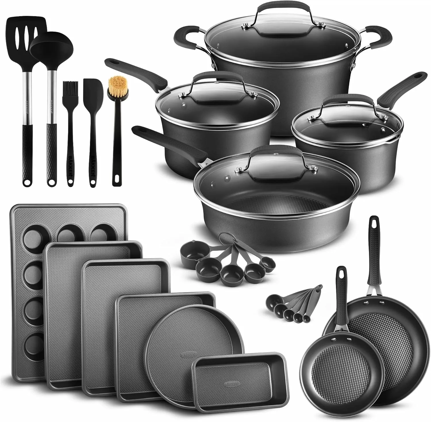 Cookware Set – 23 Piece –Black Multi-Sized Cooking Pots with Lids, Skillet Fry Pans and Bakeware – Reinforced Pressed Aluminum Metal - for Gas, Electric, Ceramic and Induction by BAKKEN Swiss