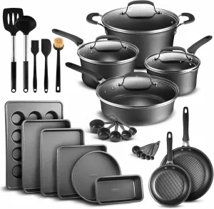 Cookware Set – 23 Piece –Black Multi-Sized Cooking Pots with Lids, Skillet Fry Pans and Bakeware – Reinforced Pressed Aluminum Metal - for Gas, Electric, Ceramic and Induction by BAKKEN Swiss