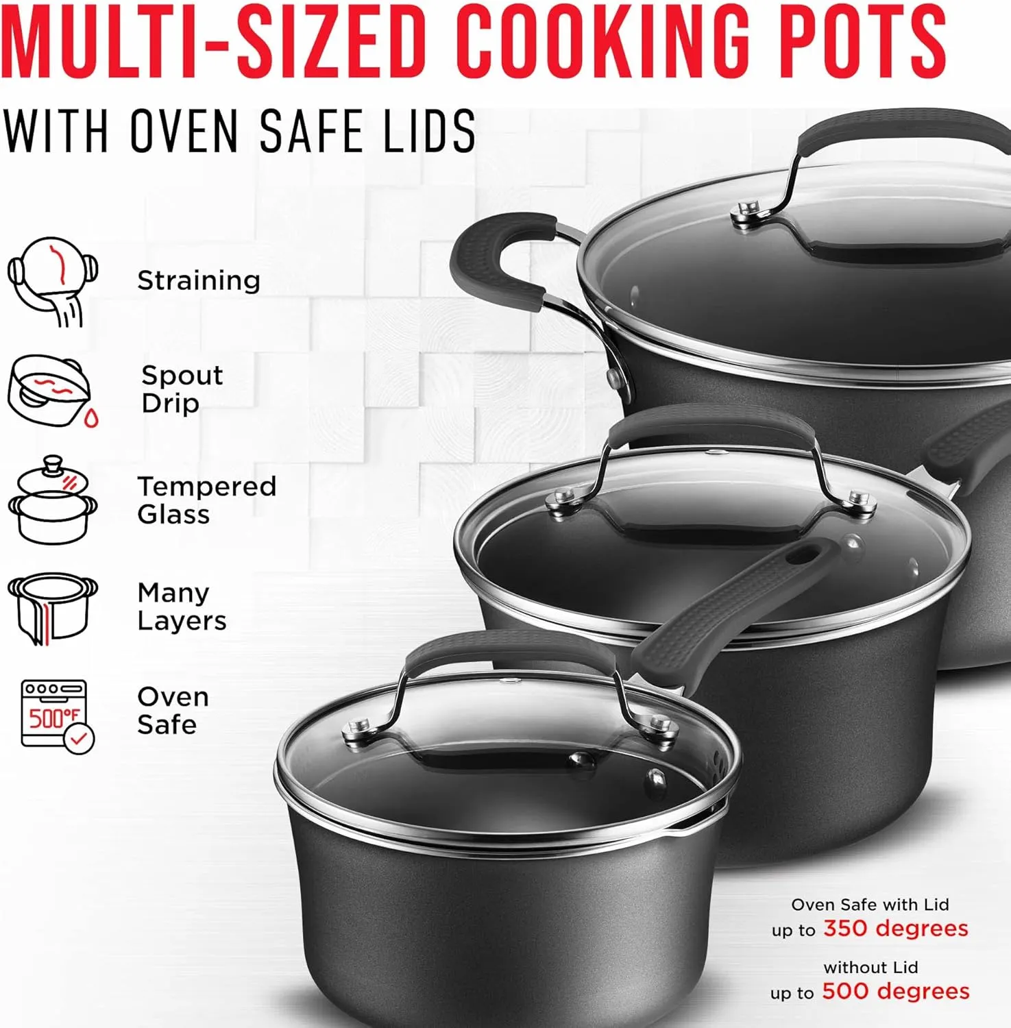 Cookware Set – 23 Piece –Black Multi-Sized Cooking Pots with Lids, Skillet Fry Pans and Bakeware – Reinforced Pressed Aluminum Metal - for Gas, Electric, Ceramic and Induction by BAKKEN Swiss