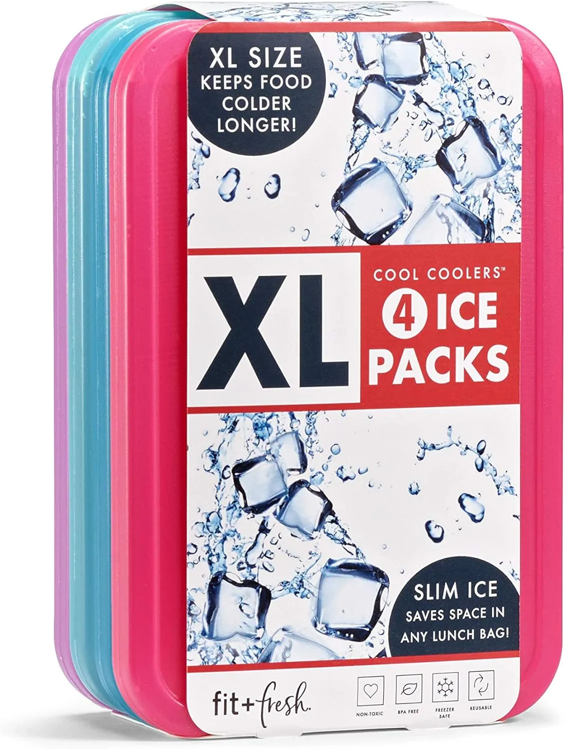 Cool Coolers by Fit & Fresh Slim Ice Pack Bundle (4 Pack   4 Pack XL) for Lunch Boxes, Coolers, Camping & Beach - Purple & Multi