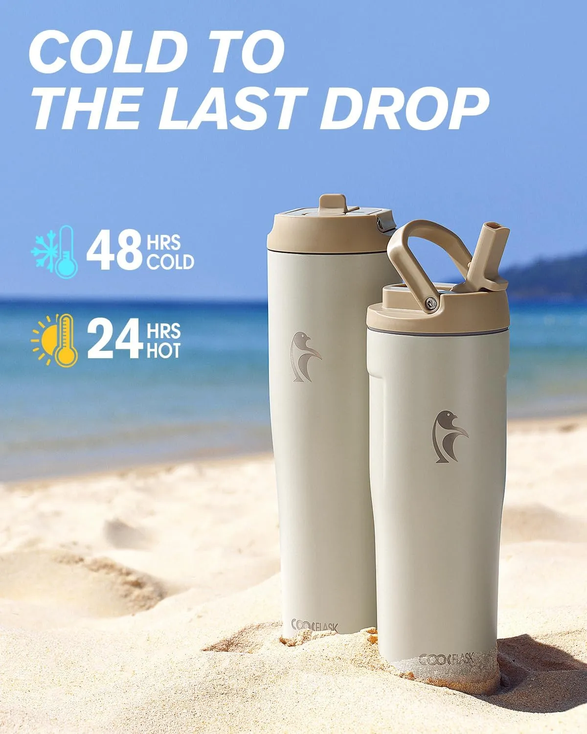 Coolflask Slima - 40oz Insulated Water Bottle | Stainless Steel Tumbler with Straw & Handle | Fits Car Cup Holder | Leakproof Jug for Sports, Travel, Office | Dishwasher Safe, Cream White
