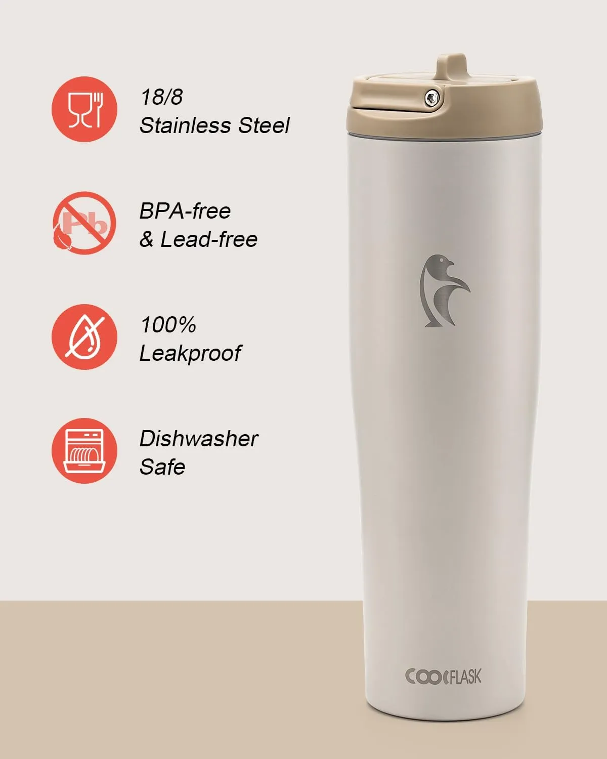 Coolflask Slima - 40oz Insulated Water Bottle | Stainless Steel Tumbler with Straw & Handle | Fits Car Cup Holder | Leakproof Jug for Sports, Travel, Office | Dishwasher Safe, Cream White