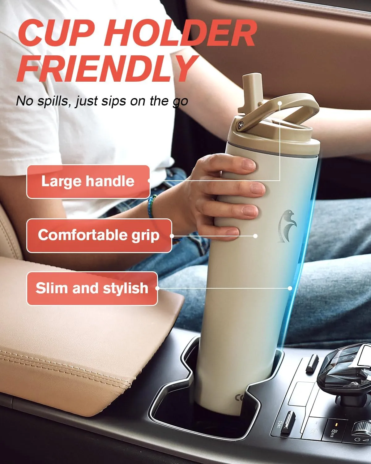 Coolflask Slima - 40oz Insulated Water Bottle | Stainless Steel Tumbler with Straw & Handle | Fits Car Cup Holder | Leakproof Jug for Sports, Travel, Office | Dishwasher Safe, Cream White