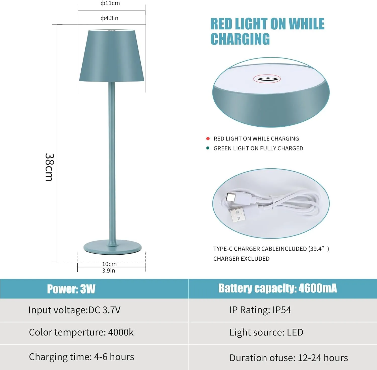 Cordless Table Lamps USB Rechargeable Simplicity Desk Lamp Built-in 4600 mAh Battery LED Battery Operated lamp with Touch Control Table lamp - Bedroom/Desk/Reading/Patio(2Pack-Light Blue)