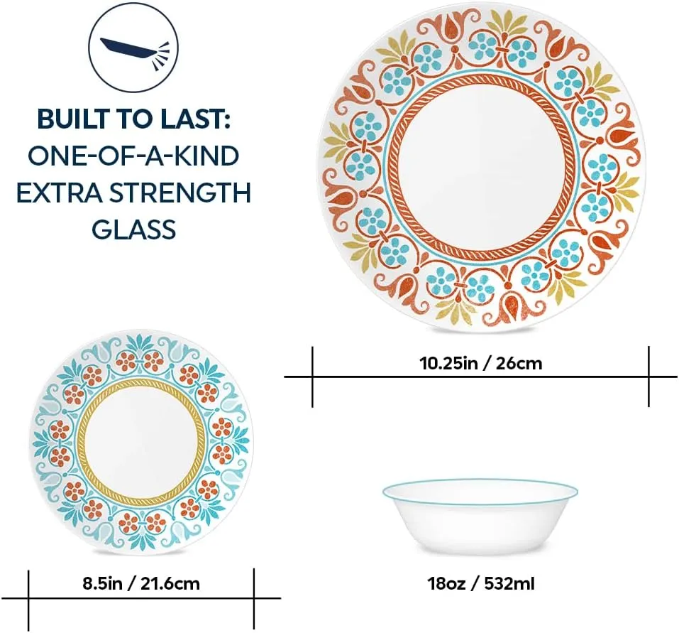 Corelle Global Collection Vitrelle 12-Piece Dinnerware Set, Triple Layer Recycled Glass, Lightweight Eco-Friendly Round Plates and Bowls Set, Terracotta Dreams