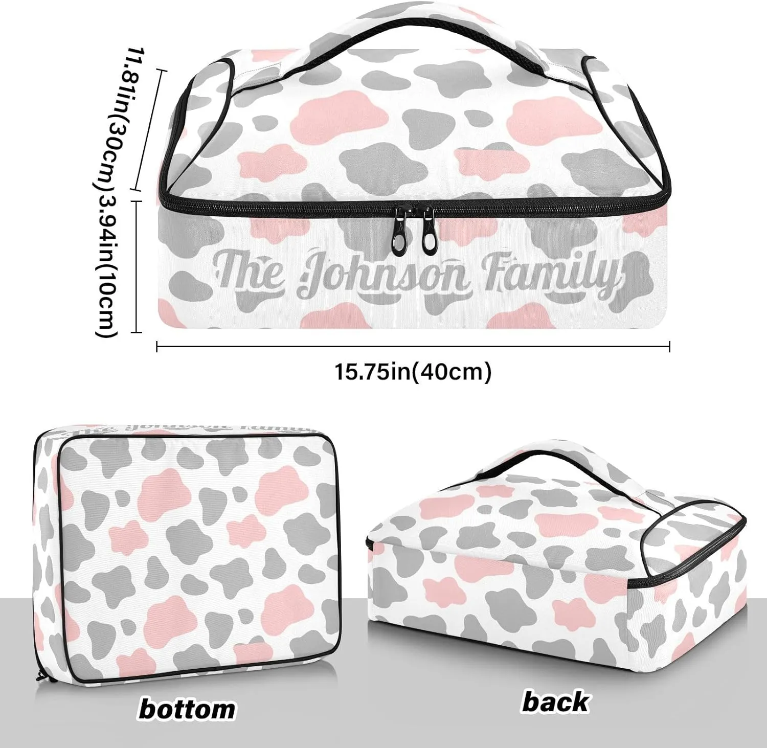 Cow Pink Gray Custom Casserole Carrier Bag for Hot or Cold Food Personalized Insulated Food Dish Bag Tote for Beach Camping