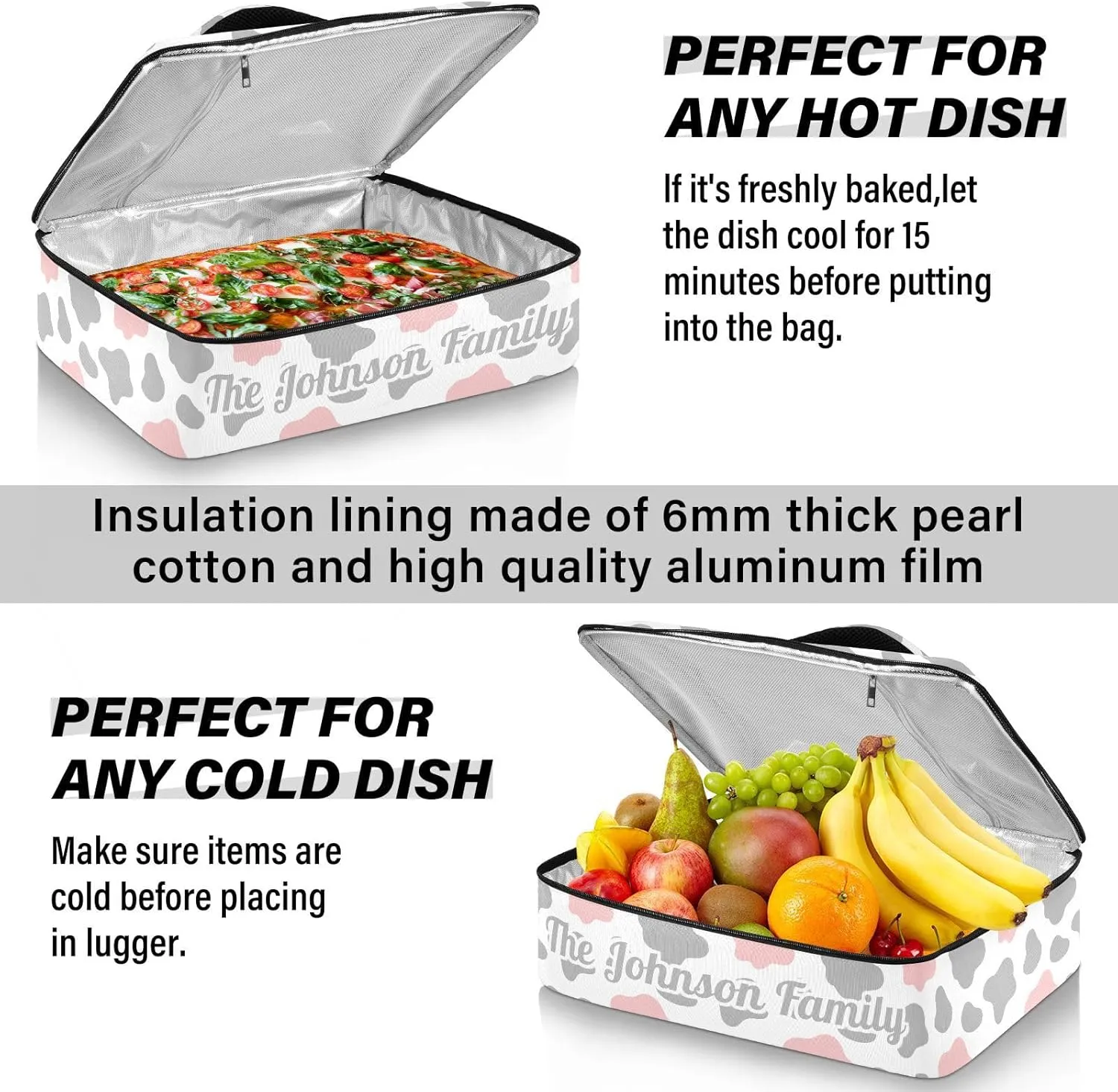 Cow Pink Gray Custom Casserole Carrier Bag for Hot or Cold Food Personalized Insulated Food Dish Bag Tote for Beach Camping