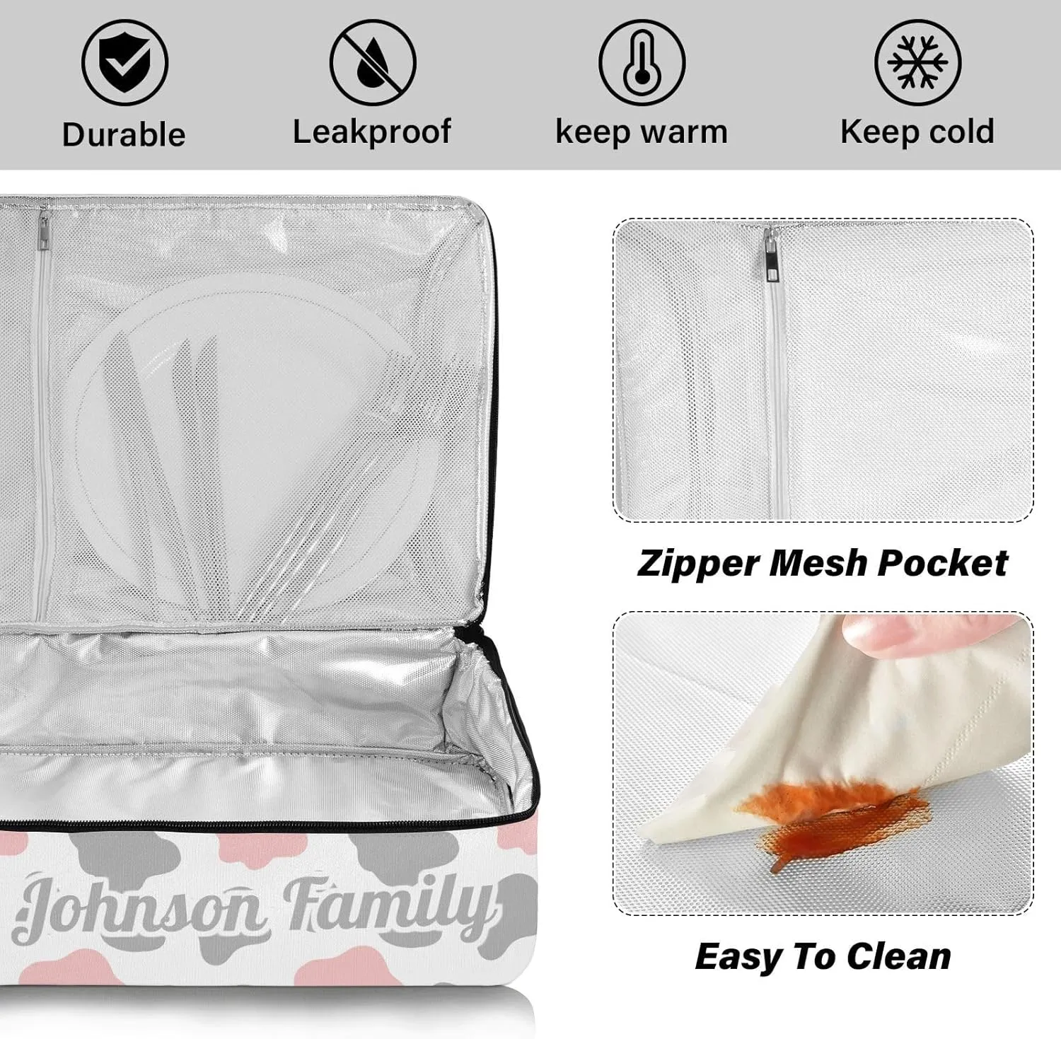Cow Pink Gray Custom Casserole Carrier Bag for Hot or Cold Food Personalized Insulated Food Dish Bag Tote for Beach Camping