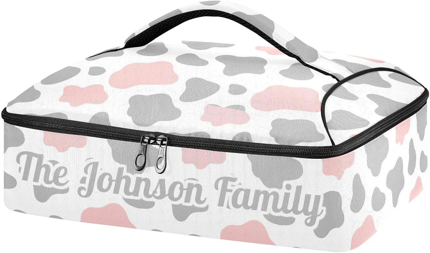 Cow Pink Gray Custom Casserole Carrier Bag for Hot or Cold Food Personalized Insulated Food Dish Bag Tote for Beach Camping
