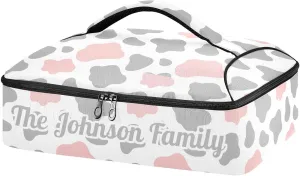 Cow Pink Gray Custom Casserole Carrier Bag for Hot or Cold Food Personalized Insulated Food Dish Bag Tote for Beach Camping